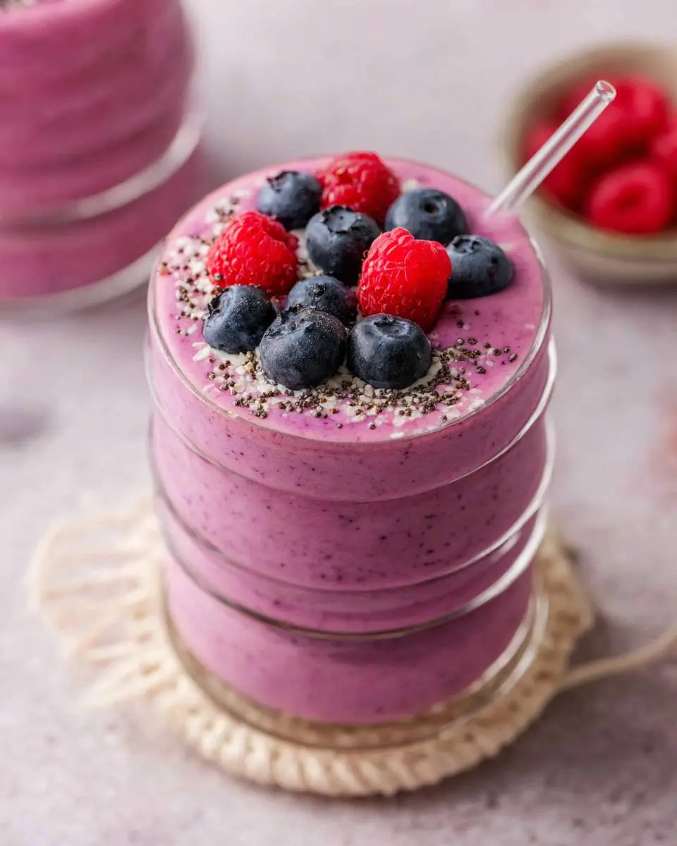 Berry Cheesecake Smoothie 25 A vibrant pink Berry Cheesecake Smoothie in a glass jar, topped with fresh raspberries, blueberries, and chia seeds.