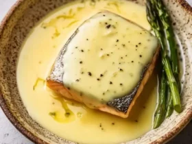 A pan-seared salmon fillet generously topped with creamy Beurre Blanc Sauce and black pepper, served with green asparagus in a rustic bowl.