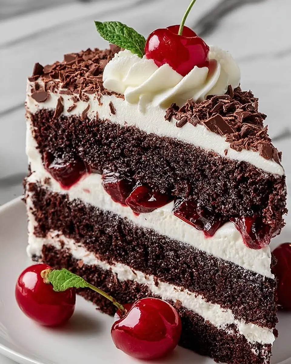 Black Forest Cake 28 A close-up of a decadent slice of Black Forest Cake, layered with chocolate sponge, whipped cream, and cherry filling, topped with a cherry.