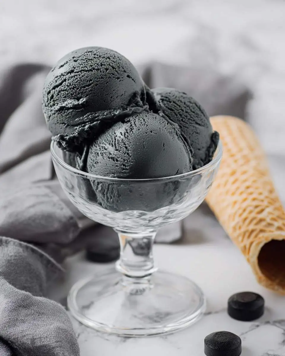 Three scoops of dark black licorice ice cream in a clear glass dish, with a waffle cone and licorice candies on a marble background.