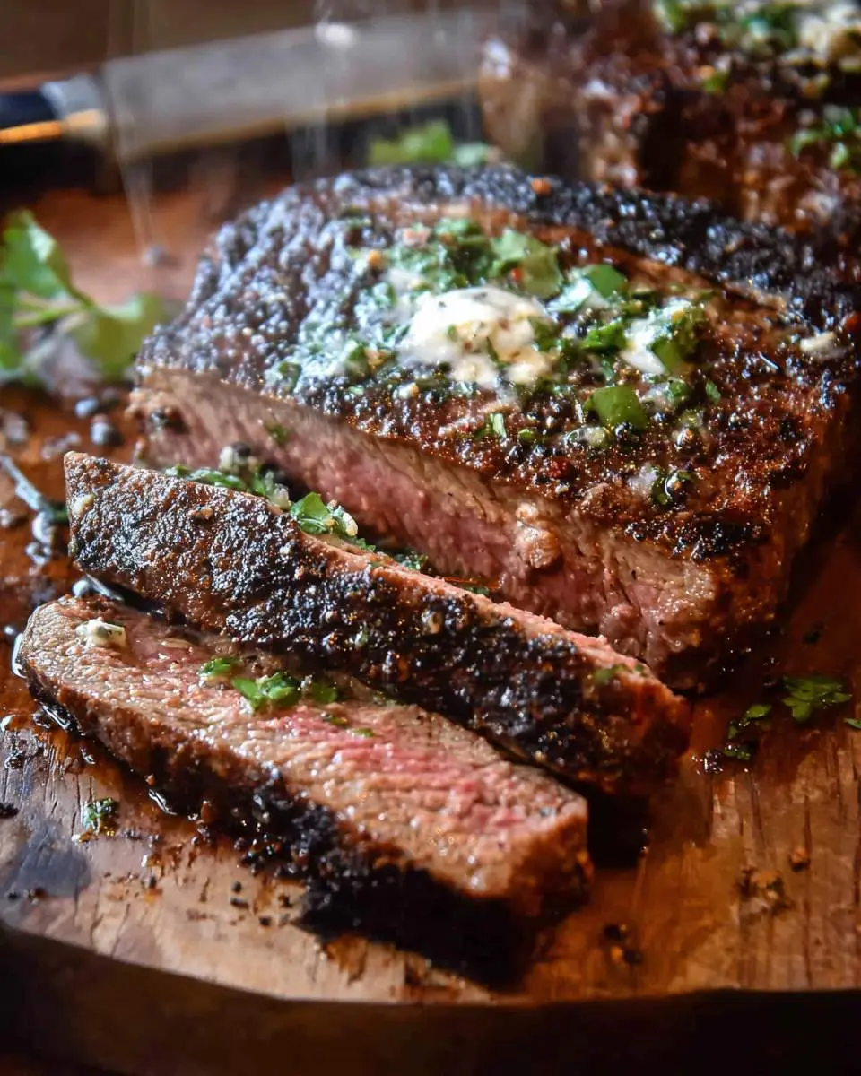 Blackened Steak 28 Close-up of a perfectly cooked and sliced Blackened Steak, topped with melting herb butter and showing a medium-rare interior on a wooden board.