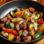 A hearty Blackstone Cowboy Stir Fry Dinner served in a black bowl, featuring seasoned meat, potatoes, bell peppers, zucchini, and onions.