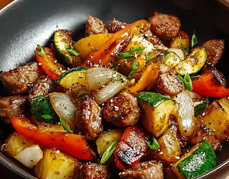 A hearty Blackstone Cowboy Stir Fry Dinner served in a black bowl, featuring seasoned meat, potatoes, bell peppers, zucchini, and onions.