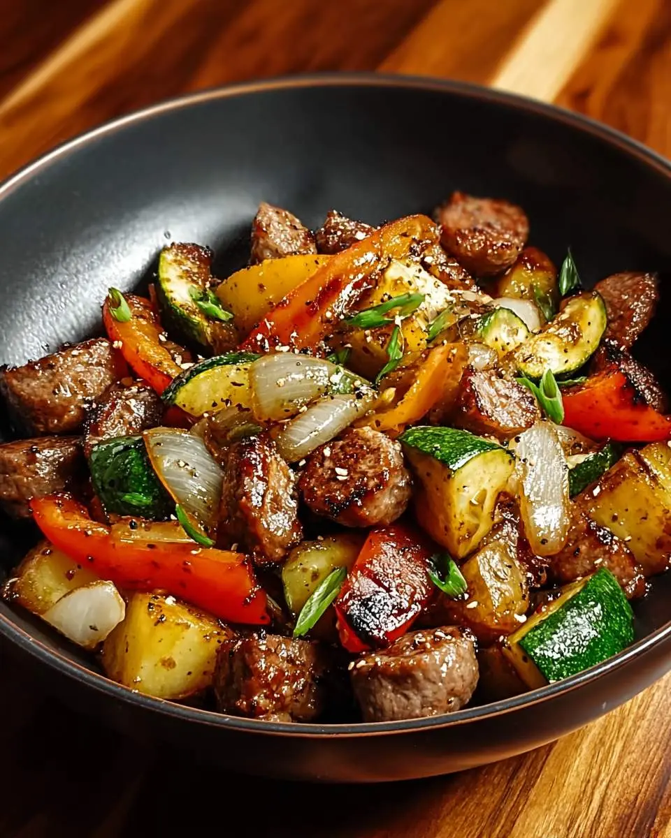 Blackstone Cowboy Stir Fry Dinner 29 A hearty Blackstone Cowboy Stir Fry Dinner served in a black bowl, featuring seasoned meat, potatoes, bell peppers, zucchini, and onions.