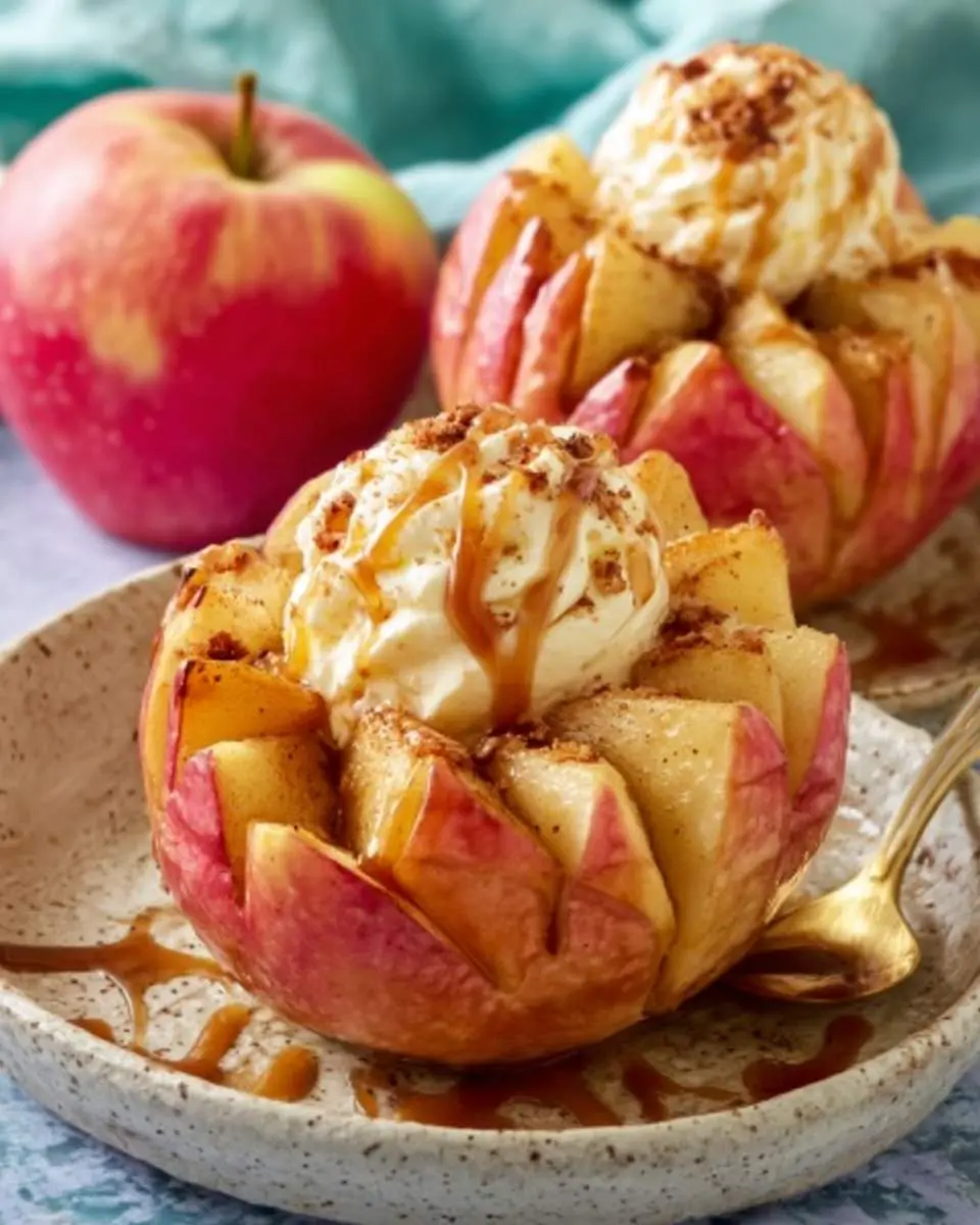 Two delicious Bloomin Baked Apples, fanned out and topped with vanilla ice cream, caramel, and a spice sprinkle.