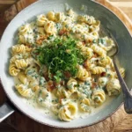 Creamy Blue Cheese Pasta in a rustic bowl, generously topped with fresh arugula, crispy bacon bits, and a rich herb sauce on wood.