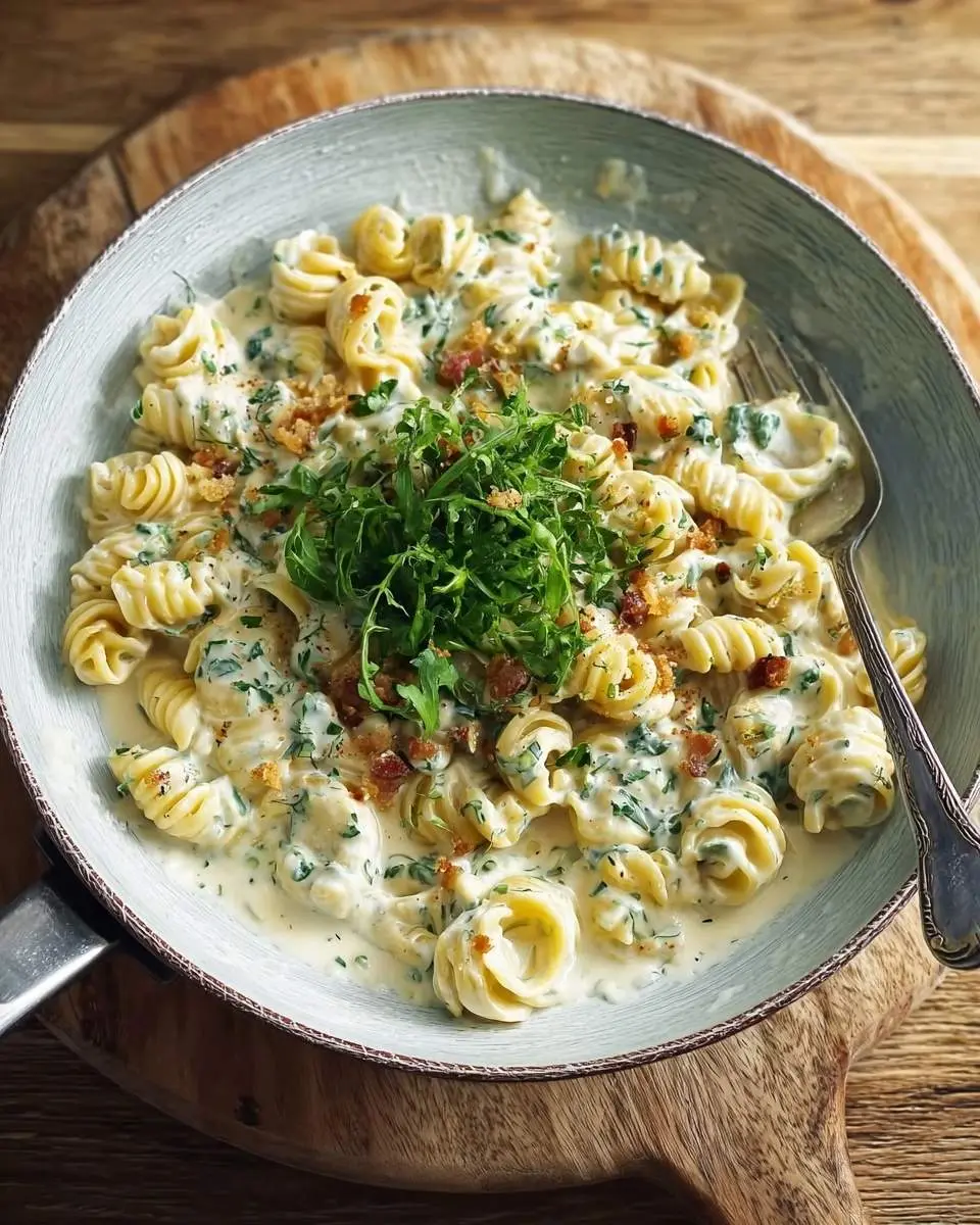 Blue Cheese Pasta 25 Creamy Blue Cheese Pasta in a rustic bowl, generously topped with fresh arugula, crispy bacon bits, and a rich herb sauce on wood.