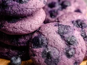 A stack of vibrant purple blueberry Heaven cookies, speckled with blueberries and sugar, next to fresh berries on a wooden board.