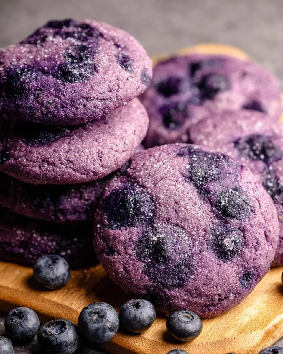 A stack of vibrant purple blueberry Heaven cookies, speckled with blueberries and sugar, next to fresh berries on a wooden board.