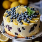 A beautifully decorated blueberry lemon cake, covered in white frosting and adorned with fresh blueberries, lemon slices, and a mint sprig.