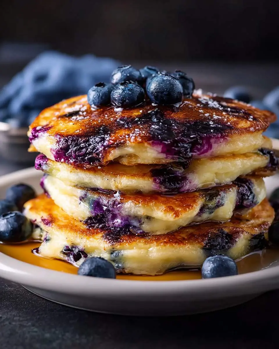 A stack of golden brown blueberry pancakes, generously drizzled with syrup and topped with fresh blueberries and powdered sugar.