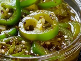 A close-up of vibrant green Bread and Butter Jalapeño Pickles in a clear glass bowl, showcasing their texture and briny liquid.