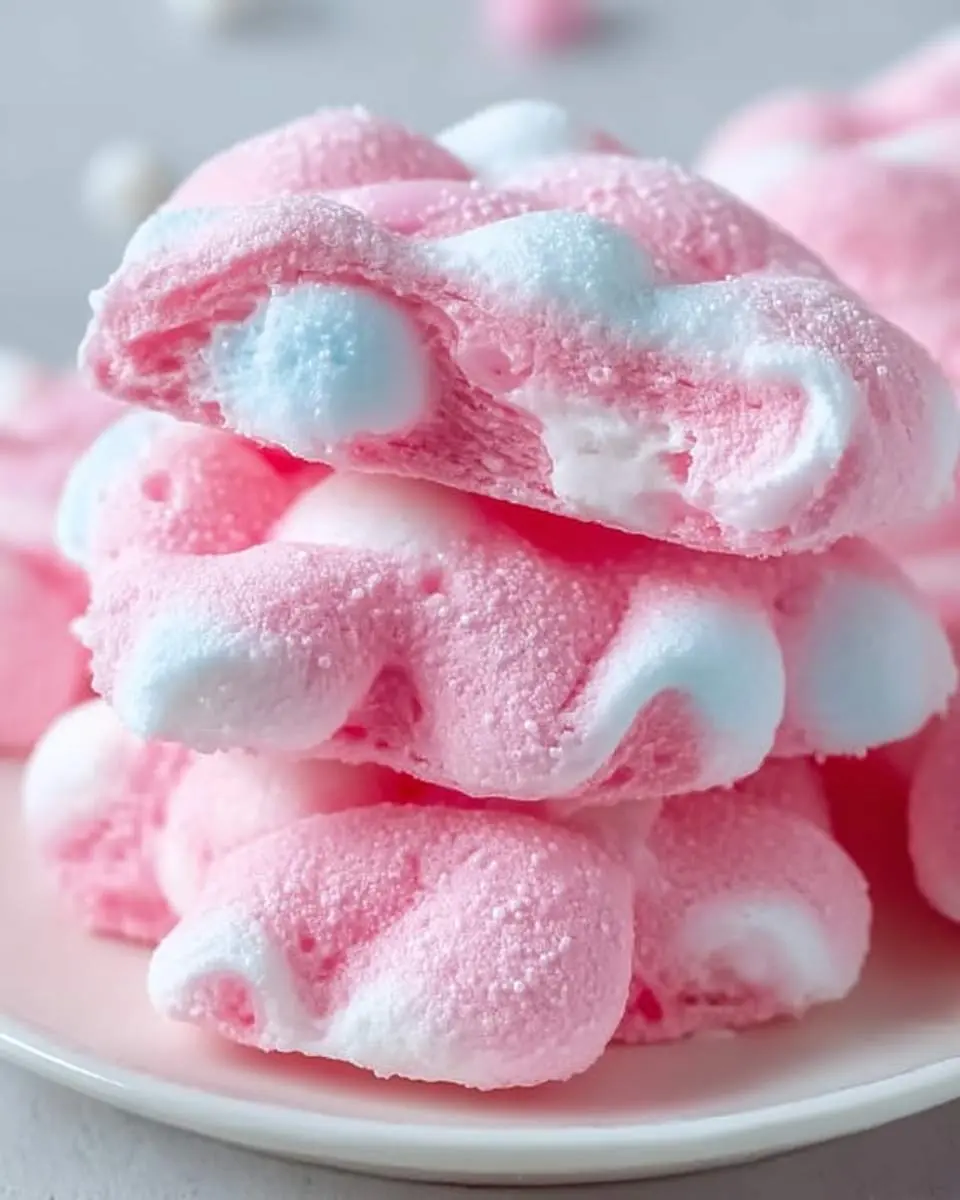 bubblegum cloud slices 28 A close-up of vibrant pink and blue bubblegum cloud slices, stacked on a plate, showcasing their fluffy, sugar-dusted texture.