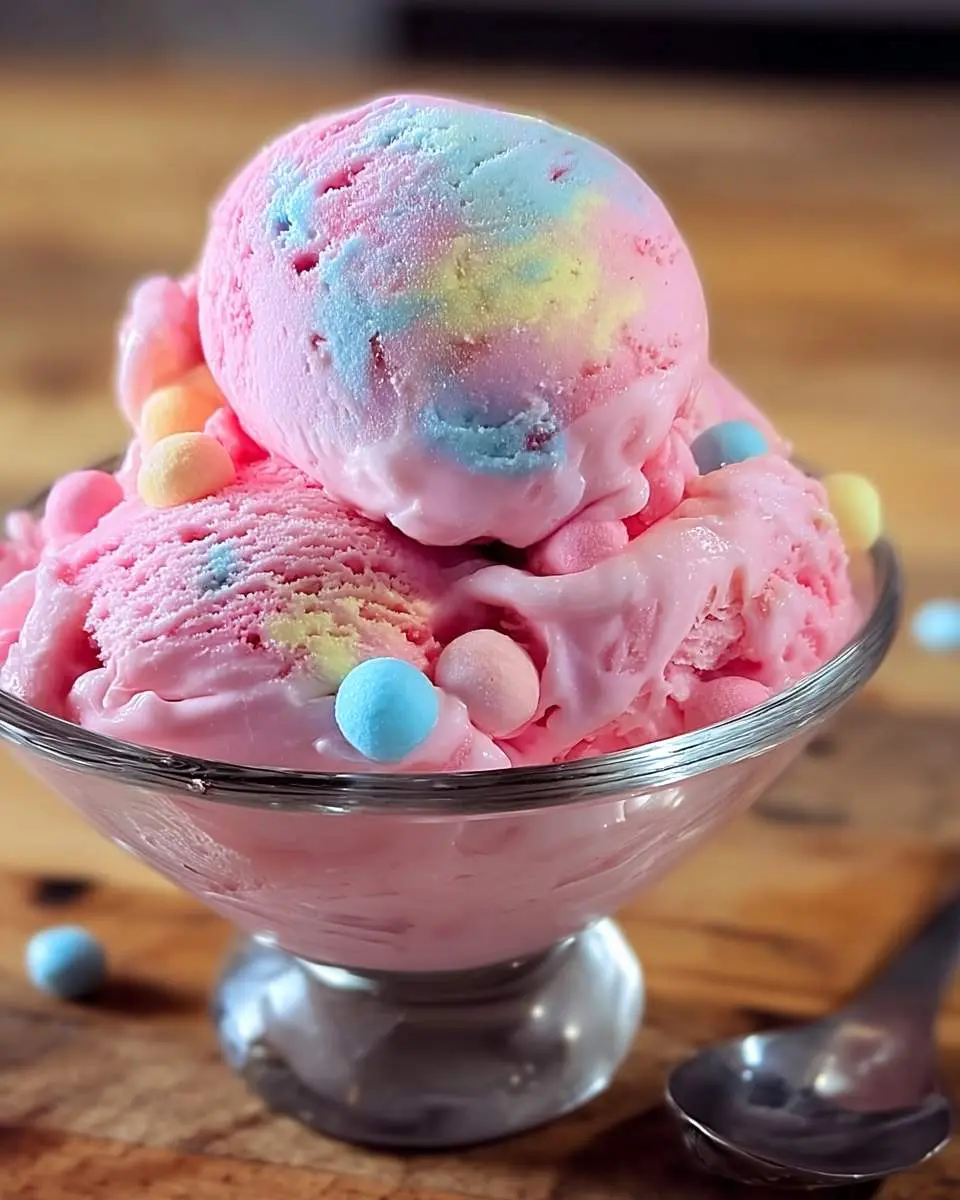 A vibrant bowl of bubblegum ice cream featuring pink, blue, and yellow swirled scoops, adorned with colorful candies on a wooden table.