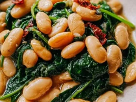 A delicious serving of butter beans with spinach and sun-dried tomatoes in a white bowl, ready to eat.