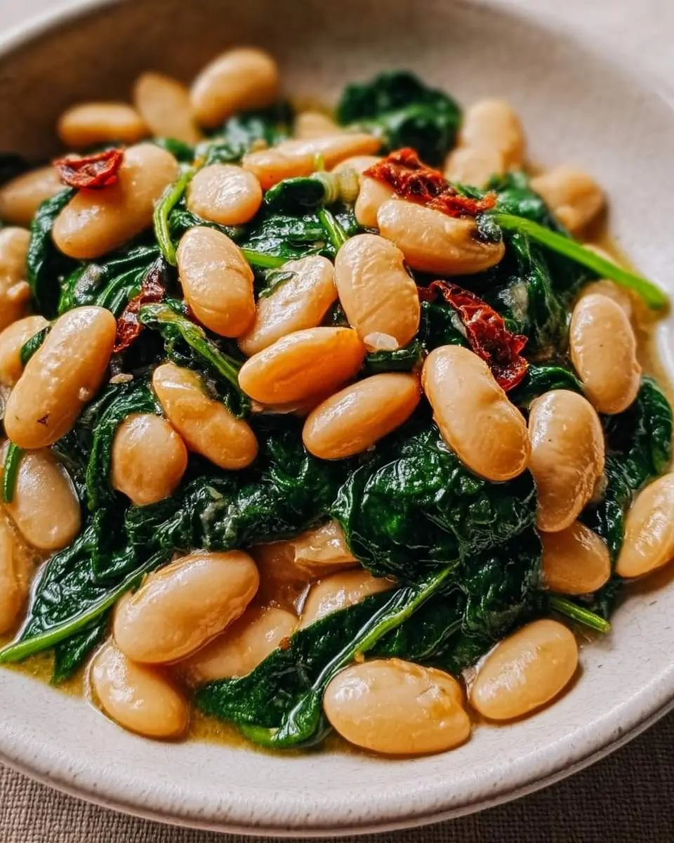 A delicious serving of butter beans with spinach and sun-dried tomatoes in a white bowl, ready to eat.