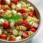 A vibrant bowl of Caprese Pasta Salad with fusilli pasta, halved cherry tomatoes, fresh mozzarella balls, and pesto, garnished with basil.