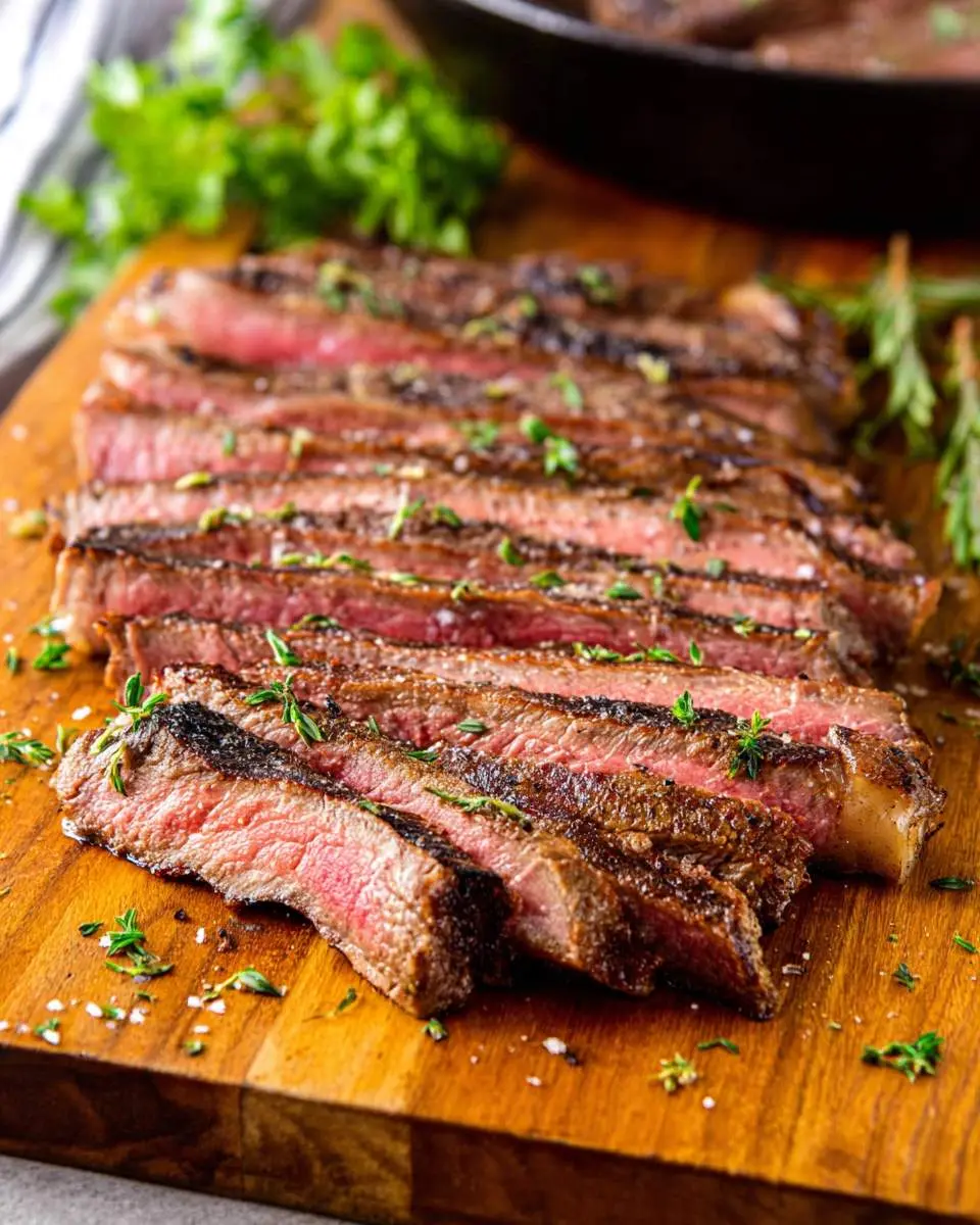 Perfectly cooked and sliced Cast Iron Steak, seasoned with fresh herbs and sea salt on a wooden cutting board.