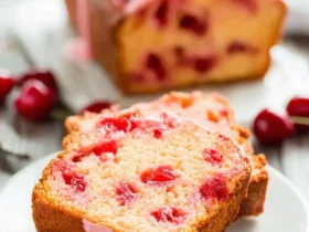 Two slices of delicious cherry bread with a pink glaze on a white plate, with a loaf in the background and fresh cherries.