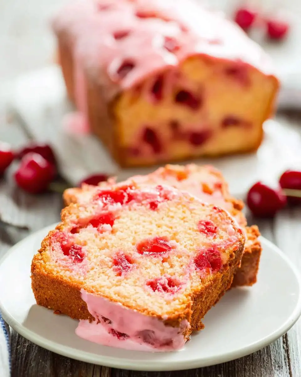 Two slices of delicious cherry bread with a pink glaze on a white plate, with a loaf in the background and fresh cherries.