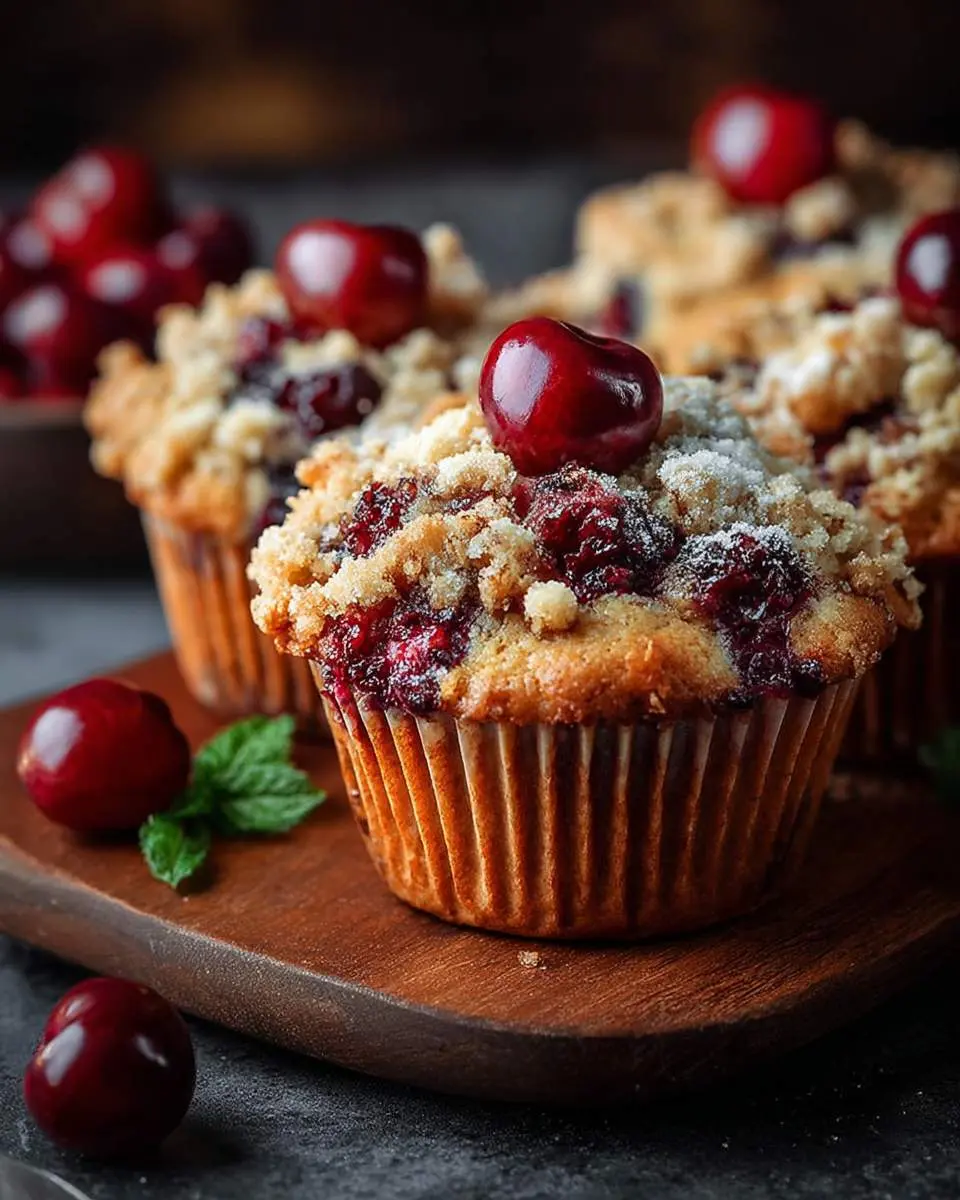 Close-up of delicious Cherry Cobbler Muffins topped with streusel and fresh cherries on a wooden board.