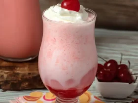 A tall glass of Cherry Vanilla Cream Soda topped with whipped cream and a bright red cherry, sitting on a colorful napkin.