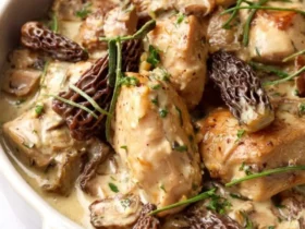 A close-up of a creamy dish featuring tender pieces of chicken and tarragon with distinctive morel mushrooms.