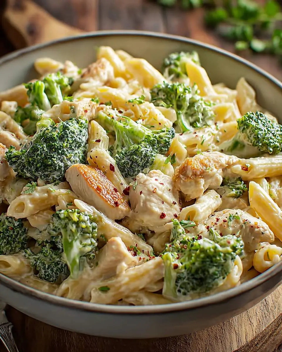 chicken broccoli pasta 28 A hearty bowl of creamy chicken broccoli pasta, featuring penne, tender chicken, and vibrant green broccoli florets.
