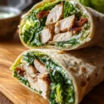 A close-up shot of two halves of a delicious Chicken Caesar Wrap, revealing tender chicken, crisp lettuce, and creamy dressing inside.