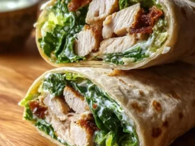 A close-up shot of two halves of a delicious Chicken Caesar Wrap, revealing tender chicken, crisp lettuce, and creamy dressing inside.