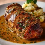 A beautifully plated Chicken Christopher, sliced to reveal tender meat, bathed in a rich herb sauce with a side of fluffy mashed potatoes.