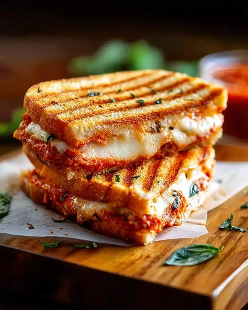 Chicken Parmesan Panini 28 A delicious stacked Chicken Parmesan Panini with golden grill marks, melted cheese, and rich tomato sauce, garnished with fresh basil.
