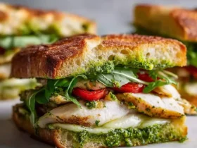 A close-up of a delicious Chicken Pesto Sandwich with grilled chicken, fresh arugula, juicy tomatoes, and melted cheese on toasted bread.