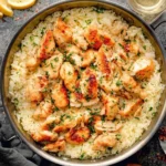 A close-up view of a skillet filled with golden Chicken Scampi with Creamy Garlic Parmesan Rice, garnished with fresh parsley and lemon wedges.
