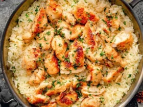 A close-up view of a skillet filled with golden Chicken Scampi with Creamy Garlic Parmesan Rice, garnished with fresh parsley and lemon wedges.