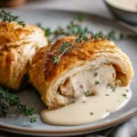 A close-up of a golden, flaky Chicken Wellington with Dijon Cream Sauce spilling onto a grey plate, garnished with fresh thyme.
