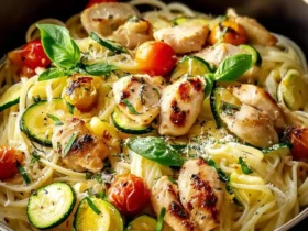 A close-up of a pan filled with delicious Chicken Zucchini Pasta, featuring grilled chicken, zucchini, tomatoes, and basil.