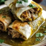A stack of two Chili Verde Burritos smothered in vibrant green sauce, topped with cool sour cream and fresh cilantro.
