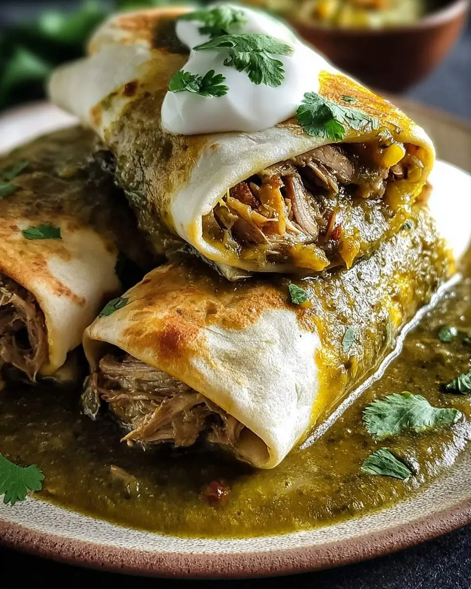 A stack of two Chili Verde Burritos smothered in vibrant green sauce, topped with cool sour cream and fresh cilantro.