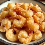 A close-up of a bowl filled with golden-brown, crispy Chinese Coconut Shrimp, glistening with a sweet sauce.