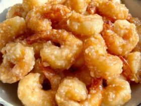 A close-up of a bowl filled with golden-brown, crispy Chinese Coconut Shrimp, glistening with a sweet sauce.