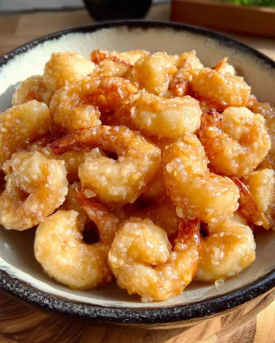 A close-up of a bowl filled with golden-brown, crispy Chinese Coconut Shrimp, glistening with a sweet sauce.