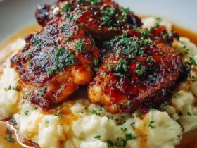 A white bowl filled with succulent Chipotle Honey Chicken Thighs over creamy Smoked Gouda Mashed Potatoes, drizzled with gravy and parsley.