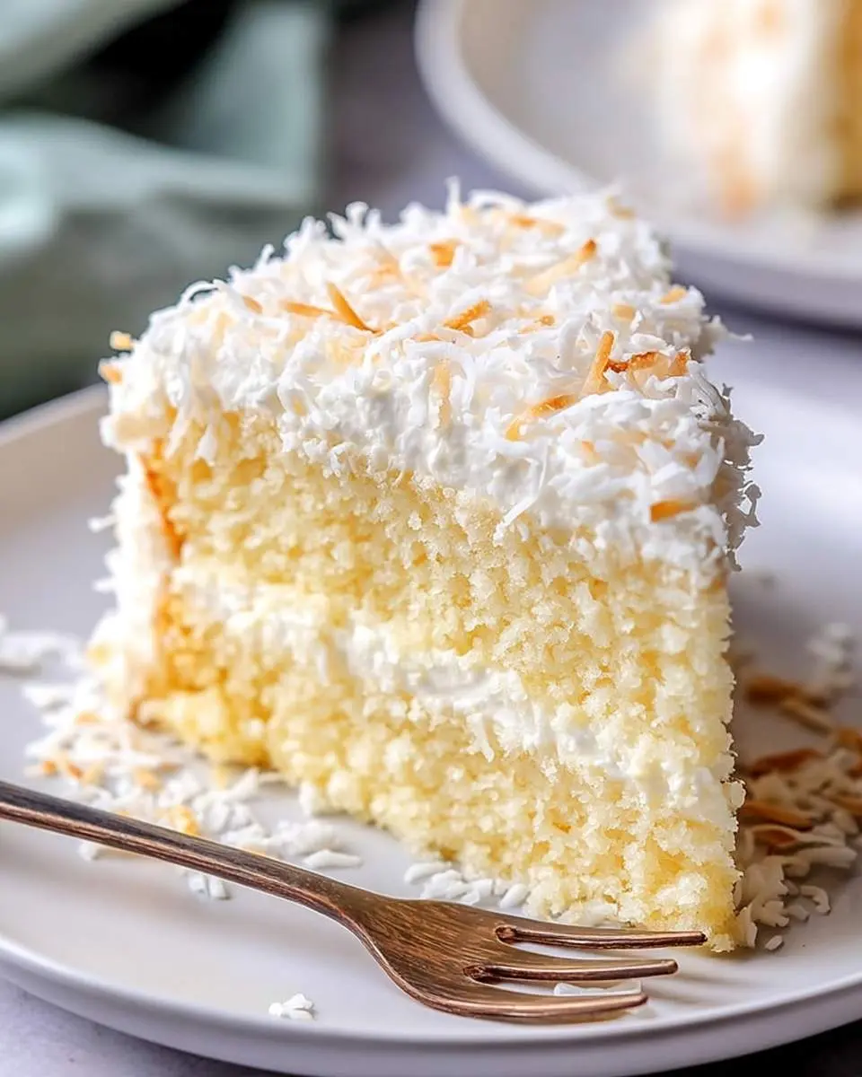 A delectable slice of fluffy coconut cake topped with creamy white frosting and shredded coconut, served on a white plate with a fork.