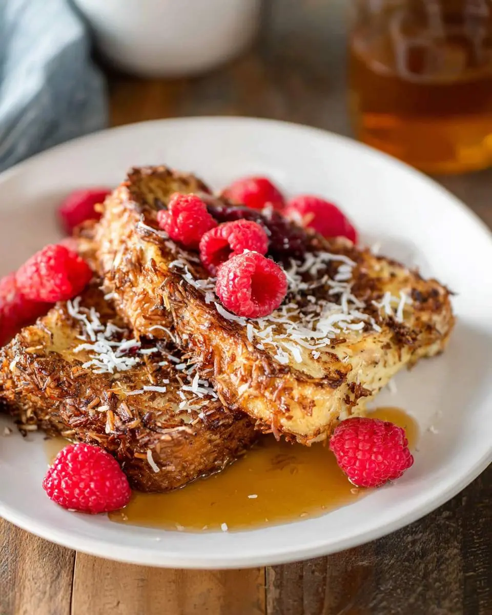 coconut-crusted French toast 28 Close-up of two slices of golden coconut-crusted French toast topped with fresh raspberries, shredded coconut, and maple syrup on a white plate.