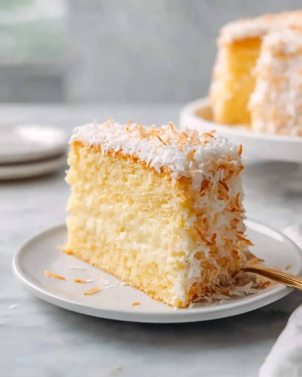 A delicious slice of Coconut Custard Cake, topped with white and toasted coconut flakes, on a white plate.