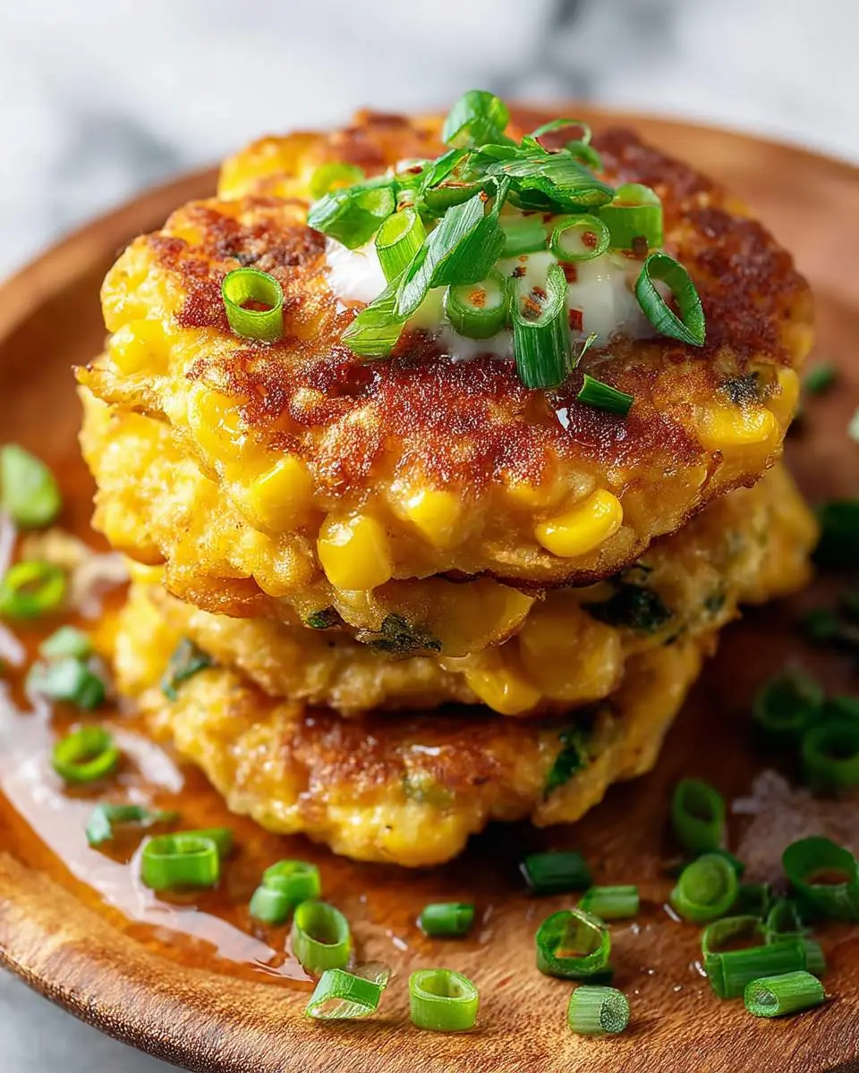 Corn Fritter Breakfast Sandwiches 28 A stack of golden corn fritters topped with sour cream and green onions, perfect for Corn Fritter Breakfast Sandwiches.