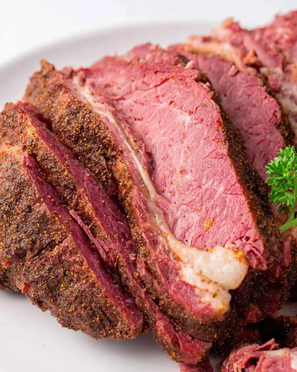 Close-up of perfectly sliced Corned Beef Brisket with a flavorful crust and a sprig of parsley on a white plate.