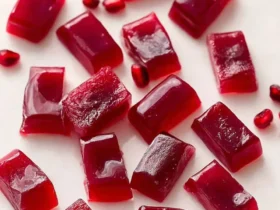 A close-up of delicious red Cranberry Pomegranate Caramels scattered on a white surface, with a few pomegranate seeds.