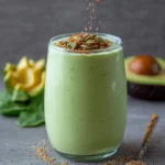 A hand sprinkles various seeds and spices onto a creamy avocado smoothie in a clear glass, with a halved avocado and spinach leaves in the background.
